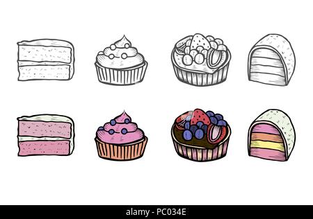 Desserts and sweets color isolated on white background. Hand drawing illustration vector. Cheesecake, macaroons, meringues, muffin, waffles, donuts, c Stock Vector
