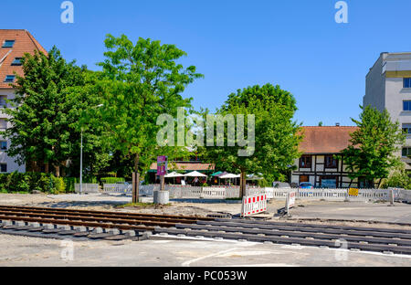 Strasbourg, tram construction site, railway tracks, concrete bed, houses, line E extension, Alsace, France, Europe, Stock Photo