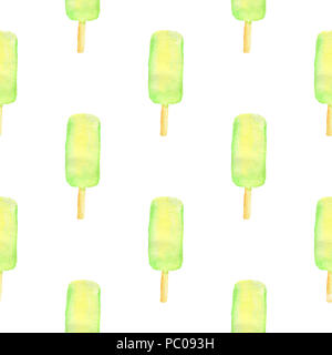 Watercolor seamless pattern with green ice cream on a white background Stock Photo