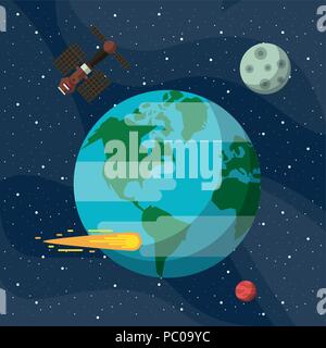 Earth with satellite flying around cartoons vector illustration graphic design Stock Vector