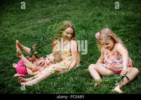 Happy group of children lying on the grass on a summer day in the park Stock Photo