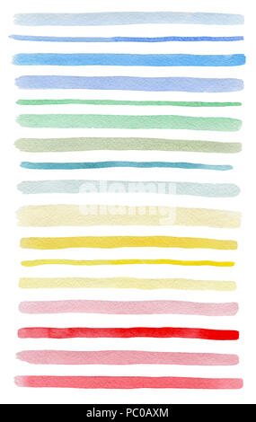 Set of colorful watercolor lines isolated on a white background. Blue, pink, green and yellow watercolor blots. Stock Photo