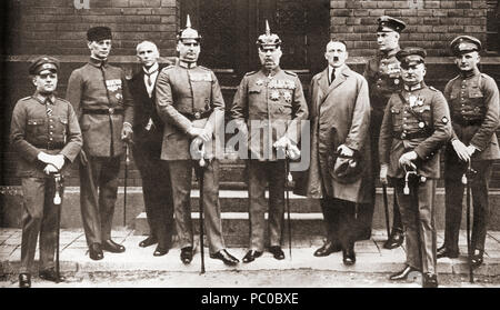 The defendants in the Munich Putsch trial aka Beer Hall Putsch of 1924, a failed coup attempt by the Nazi Party led by Adolf Hitler to seize power in Munich, Bavaria, on 8–9 November 1923.  From left to right: Pernet, Weber, Frick, Kriebel, Ludendorff, Hitler, Bruckner, Röhm, and Wagner.  Adolf Hitler, 1889 – 1945.  German politician, demagogue, Pan German revolutionary and the leader of the Nazi Party.   From These Tremendous Years, published 1938. Stock Photo