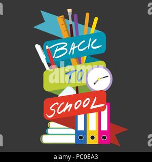 Set of school equipment with pencil, pen and ruler on a book with files and with the inscription Back to school on ribbon - vector, isolated on blackb Stock Vector