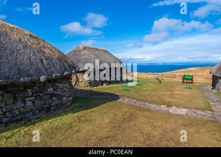 Thatched croft houses at the Skye Museum of Highland Life, Kilmuir, Trotternish, Isle of Skye, Inner Hebrides, Scotland, United Kingdom, Europe Stock Photo