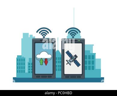 Smartphone with cloud computing and satellite tracking vector illustration graphic design Stock Vector