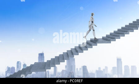 3d rendering robot climb or walk up staircase Stock Photo