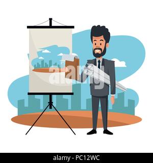 Young architect with plans on whiteboard and clipboard vector illustration graphic design Stock Vector