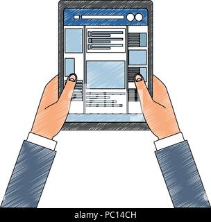 Hands using tablet to check social networks vector illustration graphic design Stock Vector