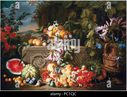 Abraham Brueghel - A still life of a watermelon, cherries, peaches, apricots, plums, pomegranates and figs, with lilies, roses, morning glory and other flowers on an acanthus stone relief.
