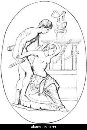 . English: Polyxena dies by the hand of Neoptolemus on the tomb of Achilles.—After an ancient cameo in Berlin. from 'THE HISTORY OF THE DEVIL AND THE IDEA OF EVIL FROM THE EARLIEST TIMES TO THE PRESENT DAY' by Paul Carus (1900) . 491 Polyxena Neoptolemus Stock Photo