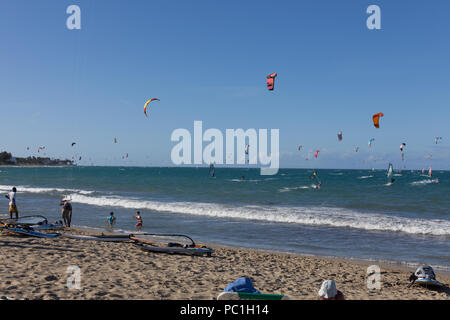 Wind surfing and kite boarding in Cabarate, Dominican Republic. Stock Photo