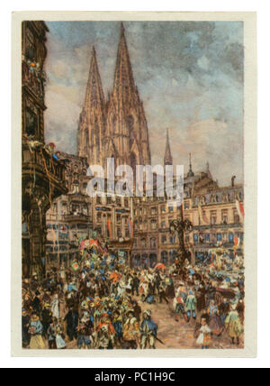 German historical postcard: Carnival in Cologne, a view of the square and Wallraf-Richartz, Cologne Cathedral, 20 February 1939. Germany, Third Reich Stock Photo