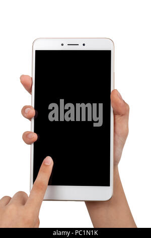 Closeup of a child's pair of hand using a large screen smartphone isolated on white background Stock Photo