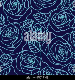 Pale blue vector outline roses on the navy blue background pattern Stock Vector