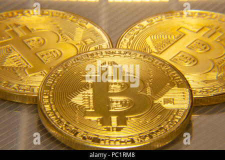 Macro close-up shot: three physical golden bitcoins (digital virtual crypto-currency) on a semi-transparent surface. Stock Photo
