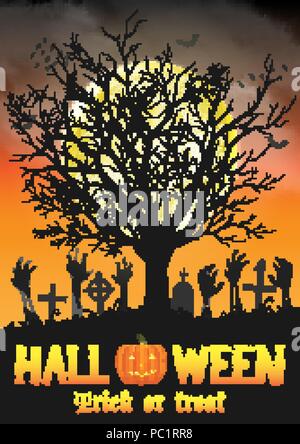 halloween zombie hand on grave with dead tree Stock Vector