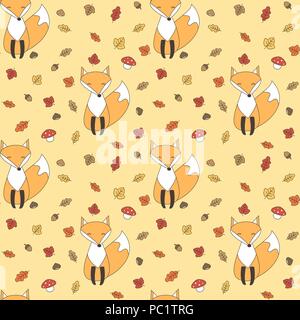 cute autumn seamless vector pattern background illustration with leaves, foxes, mushrooms, acorns and chestnuts Stock Vector