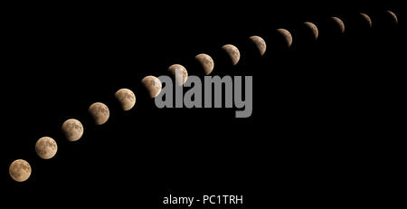 Time series of lunar eclipse on July 27 2018, sequence of phases from 8:08 pm to 9:18pm, captured in Cairo, Egypt Stock Photo