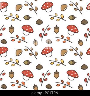 cute lovely autumn seamless vector pattern background illustration with branches, leaves, mushroom, acorns, chestnuts Stock Vector