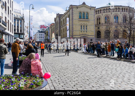 OSLO, NORWAY 28 APRIL 2018:   Musical bands parade through the streets of Oslo, Norway Stock Photo