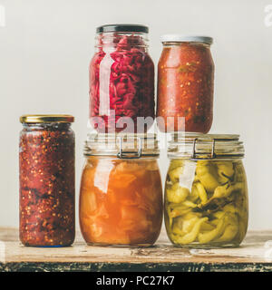 Autumn seasonal pickled or fermented vegetables. Home food canning concept Stock Photo