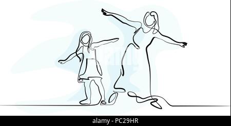 Continuous one line drawing. Family with mother and girl in fly. Vector illustration Stock Vector