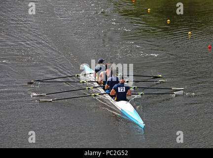 Lancaster Rowing Club team, Men coxless at Warrington Rowing Club 2018 Summer regatta, Howley lane, Mersey River, Cheshire, North West England, UK Stock Photo