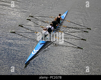 Trafford Rowing Club mens coxless quads, at Warrington Rowing Club 2018 Summer regatta, Howley lane, Mersey River, Cheshire, North West England, UK Stock Photo