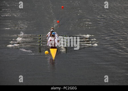 Tees Rowing Club, coxless quad, at Warrington Rowing Club 2018 Summer regatta, Howley lane, Mersey River, Cheshire, North West England, UK Stock Photo