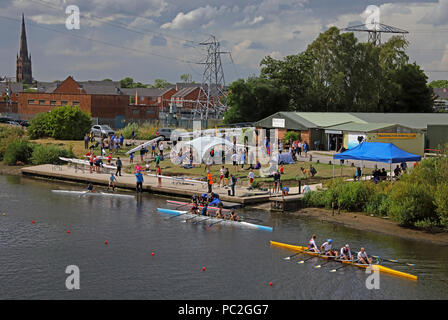 View from Kingsway Bridge, of Warrington Rowing Club 2018 Summer regatta, Howley lane, Mersey River, Cheshire, North West England, UK