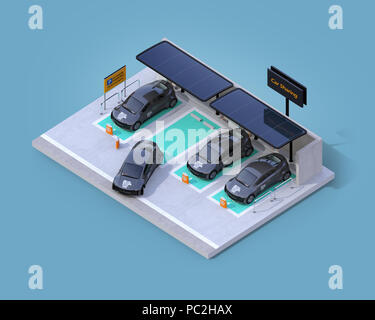 Isometric view of parking lot equipped with charging station, solar panel. Car sharing concept. Blue background. 3D rendering image. Stock Photo