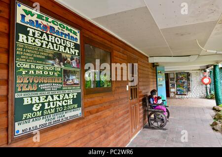 Welcome to Lake Barrine Teahouse restaurant sign, Crater Lakes National Park, Atherton Tablelands, QLD, Australia Stock Photo