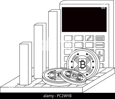 bar chart with calculator and cryptocoins over white background, vector illustration Stock Vector