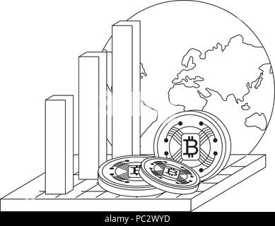 bar chart with earth planet and cryptocoins over white background, vector illustration Stock Vector