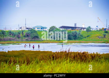 View of the Pitch Lake, the largest natural deposit of asphalt in the world, La Brea, Trinidad and Tobago. Stock Photo