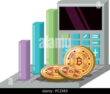 bar chart with calculator and cryptocoins over white background, vector illustration Stock Vector