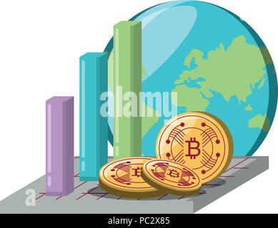 bar chart with earth planet and cryptocoins over white background, vector illustration Stock Vector
