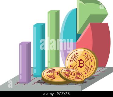 bar and pie chart with cryptocoins over white background, vector illustration Stock Vector