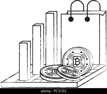 bar chart with shopping bag and cryptocoins over white background, vector illustration Stock Vector