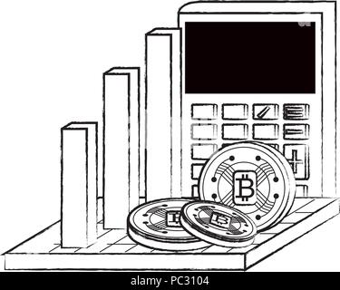 bar chart with calculator and cryptocoins over white background, vector illustration Stock Vector