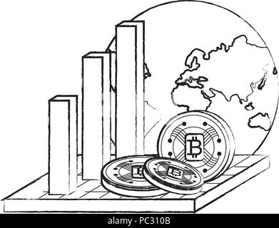 bar chart with earth planet and cryptocoins over white background, vector illustration Stock Vector