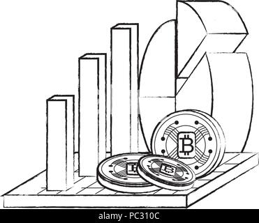 bar and pie chart with cryptocoins over white background, vector illustration Stock Vector