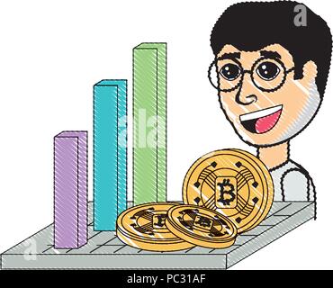 graphic bar with cryptocoins and cartoon man over white background, vector illustration Stock Vector