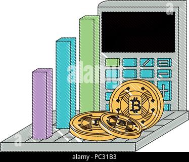 bar chart with calculator and cryptocoins over white background, vector illustration Stock Vector
