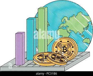 bar chart with earth planet and cryptocoins over white background, vector illustration Stock Vector