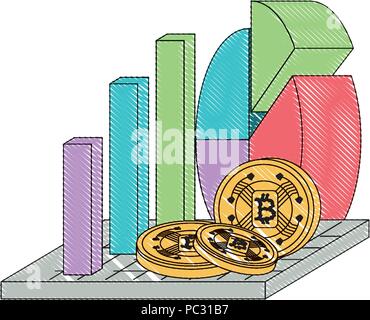 bar and pie chart with cryptocoins over white background, vector illustration Stock Vector
