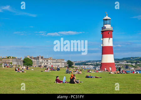 9 June 2018: Plymouth, Devon UK - Plymouth Hoe on a beautiful spring evening, with the third Eddystone Lighthouse, now known as Smeaton's Tower, reloc Stock Photo