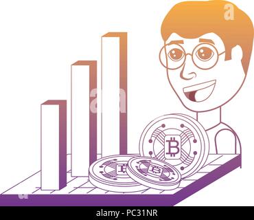 bar chart with cartoon man and cryptocoins over white background, vector illustration Stock Vector