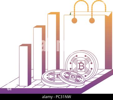 bar chart with shopping bag and cryptocoins over white background, vector illustration Stock Vector